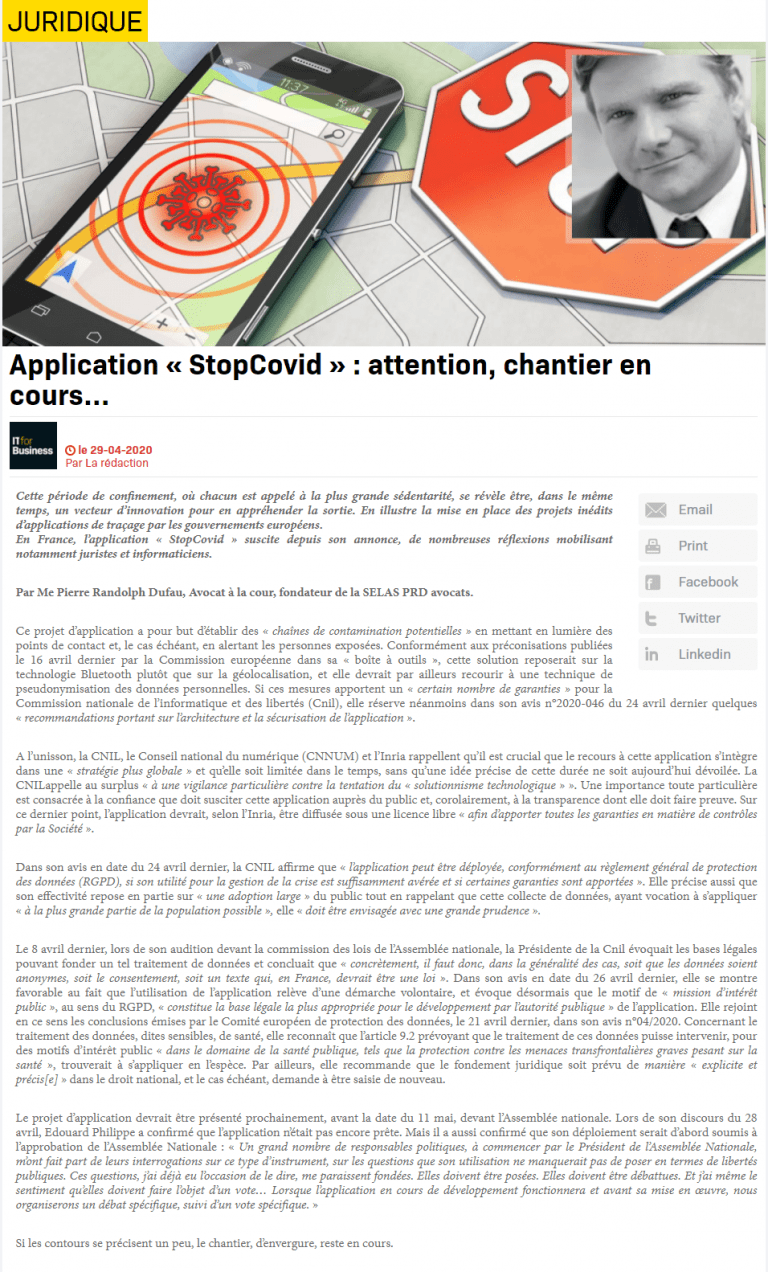 Lire la suite à propos de l’article Application « Stop Covid » : attention, dossier en cours…