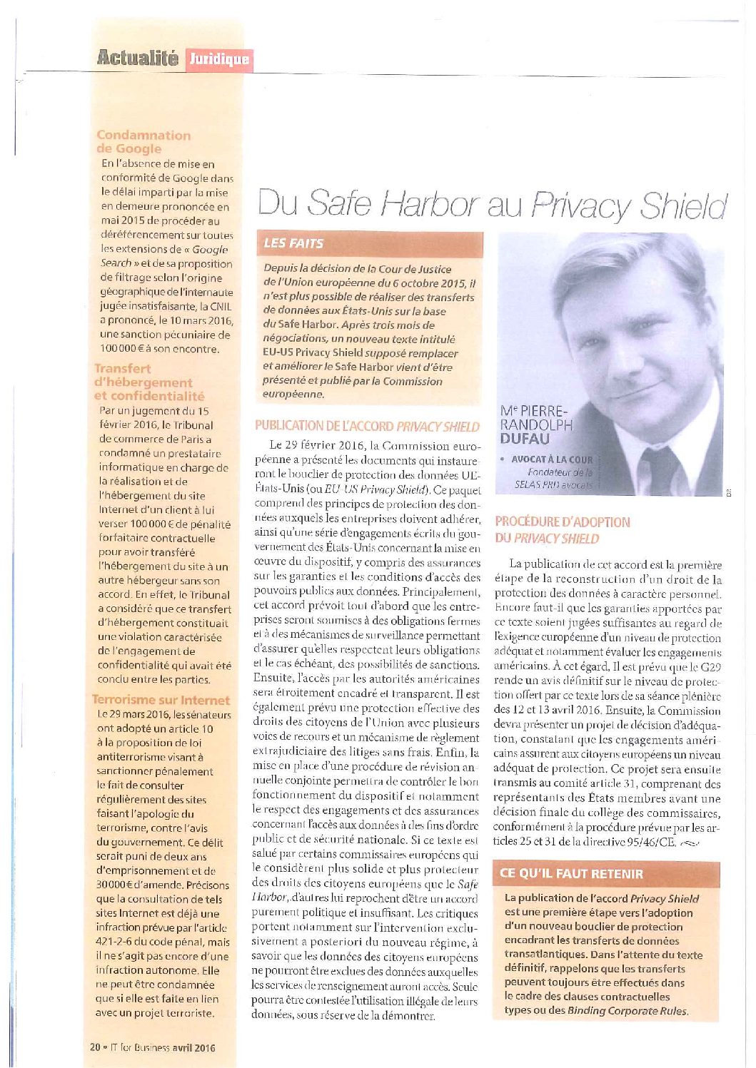 Lee más sobre el artículo Du safe Harbor au Privacy Shield