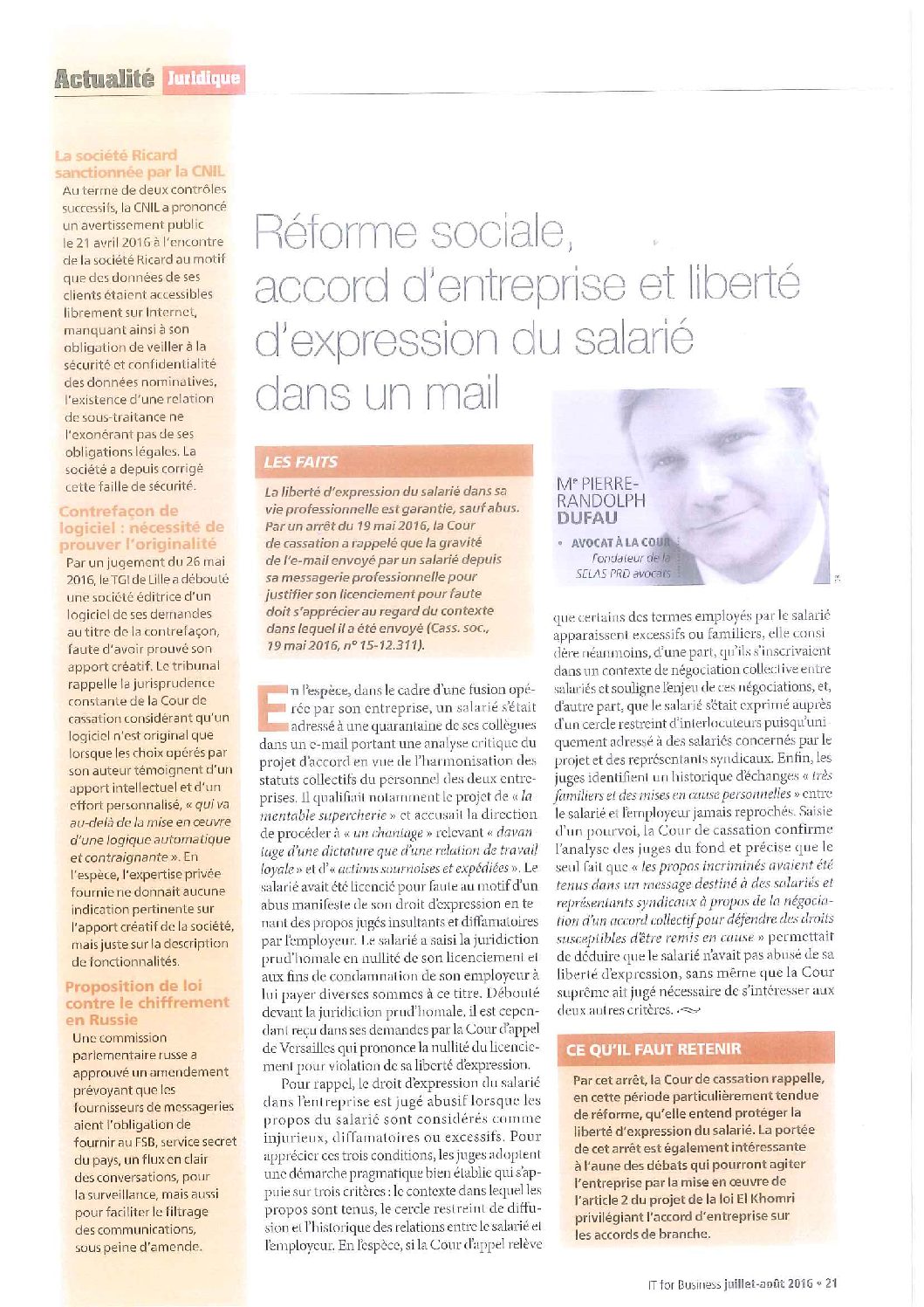 Read more about the article Réforme sociale, accord d’entreprise et liberté d’expression du salarié dans un email