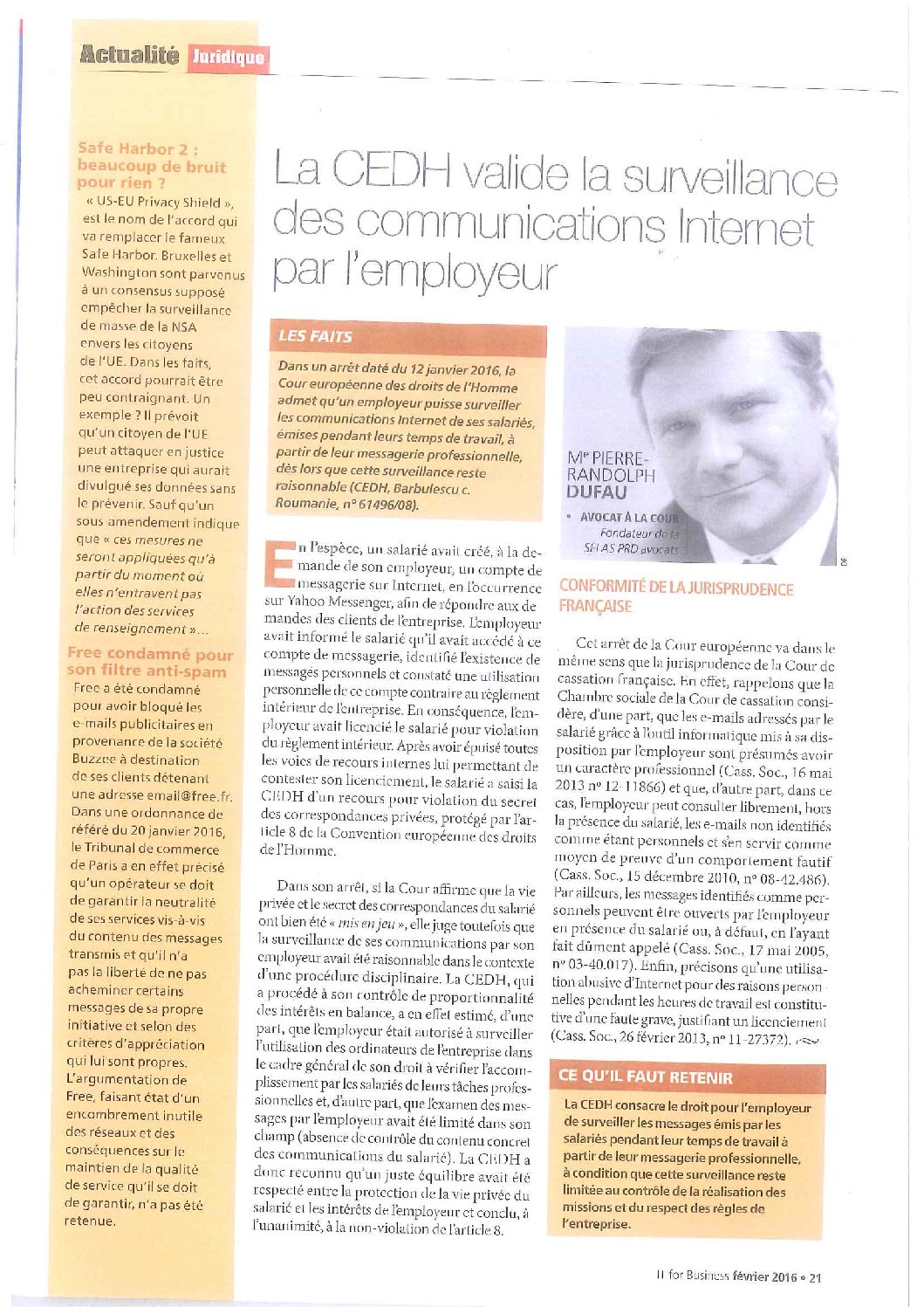 Read more about the article la CEDH valide la surveillance des communications internet par l’employeur