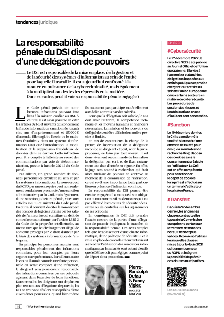 Lire la suite à propos de l’article La responsabilité pénale du DSI disposant d’une délégation de pouvoirs