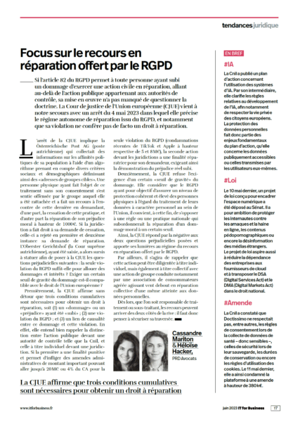 Lee más sobre el artículo Focus sur le recours en réparation offert par le RGPD