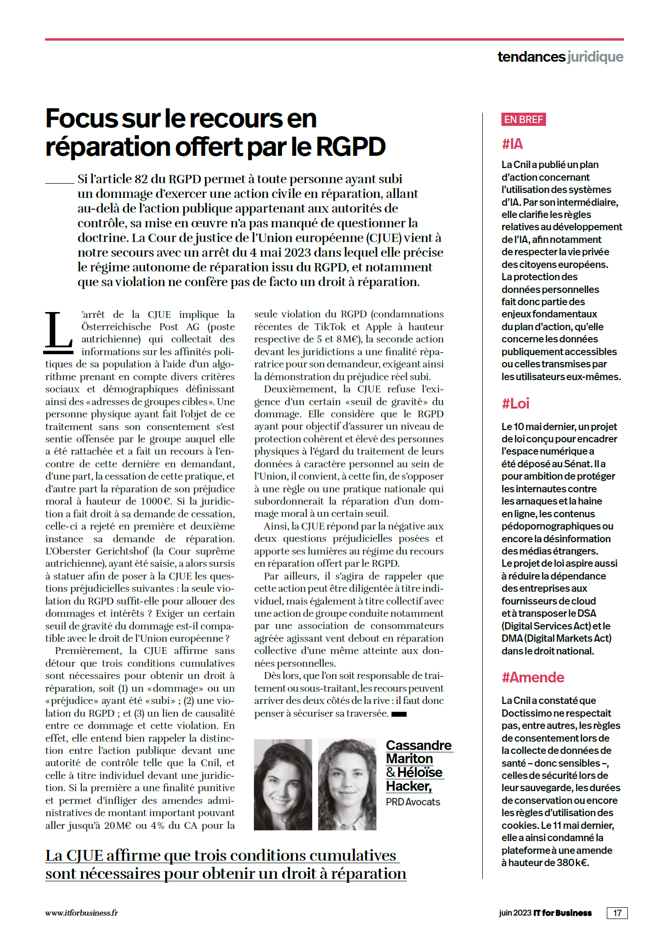 Vous êtes en train de consulter Focus sur le recours en réparation offert par le RGPD